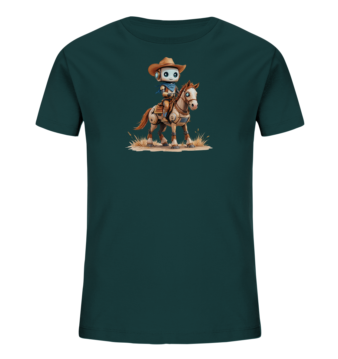 Onlineshop Shirts für Kinder - Das Bild zeigt ein dunkelgrünes T-Shirt für Kinder. Auf der Vorderseite ist eine Illustration eines kleinen Roboters zu sehen, der als Cowboy gekleidet ist. Der Roboter trägt einen Cowboyhut und ein Halstuch und reitet auf einem stilisierten Pferd. Die Szene ist auf einem trockenen, grasbewachsenen Untergrund dargestellt, was dem Motiv eine Western-Atmosphäre verleiht.