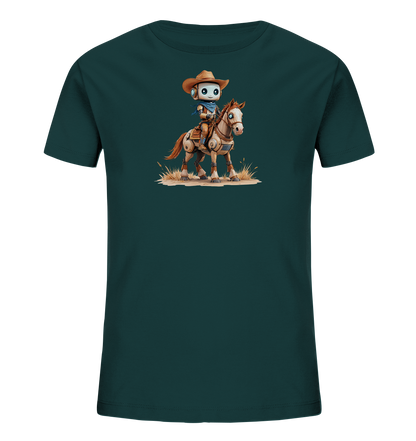 Onlineshop Shirts für Kinder - Das Bild zeigt ein dunkelgrünes T-Shirt für Kinder. Auf der Vorderseite ist eine Illustration eines kleinen Roboters zu sehen, der als Cowboy gekleidet ist. Der Roboter trägt einen Cowboyhut und ein Halstuch und reitet auf einem stilisierten Pferd. Die Szene ist auf einem trockenen, grasbewachsenen Untergrund dargestellt, was dem Motiv eine Western-Atmosphäre verleiht.