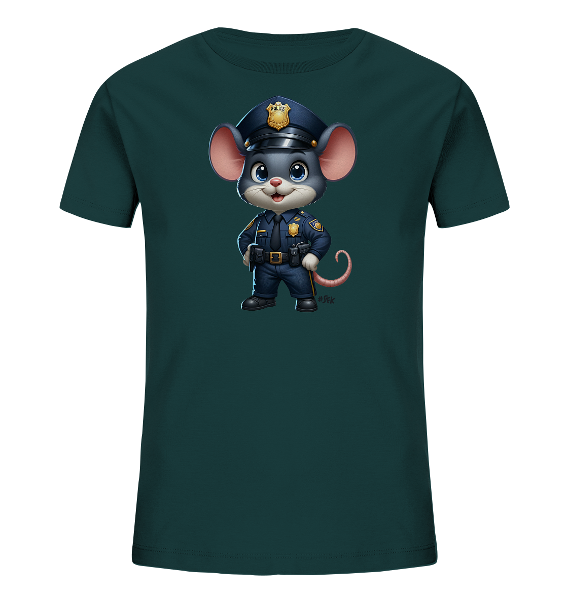 Onlineshop Shirts für Kinder - Das Bild zeigt ein dunkelgrünes Kinder-T-Shirt mit einer detaillierten Illustration auf der Vorderseite. Zu sehen ist eine niedliche Cartoon-Maus in einer vollständigen Polizeiuniform, bestehend aus einer blauen Mütze, einem dunkelblauen Hemd mit Abzeichen und einer Hose. Die Maus steht selbstbewusst da, die Pfoten in die Hüften gestemmt, und blickt freundlich nach vorne. Dieses Motiv verleiht dem Shirt einen humorvollen und actionreichen Charakter.