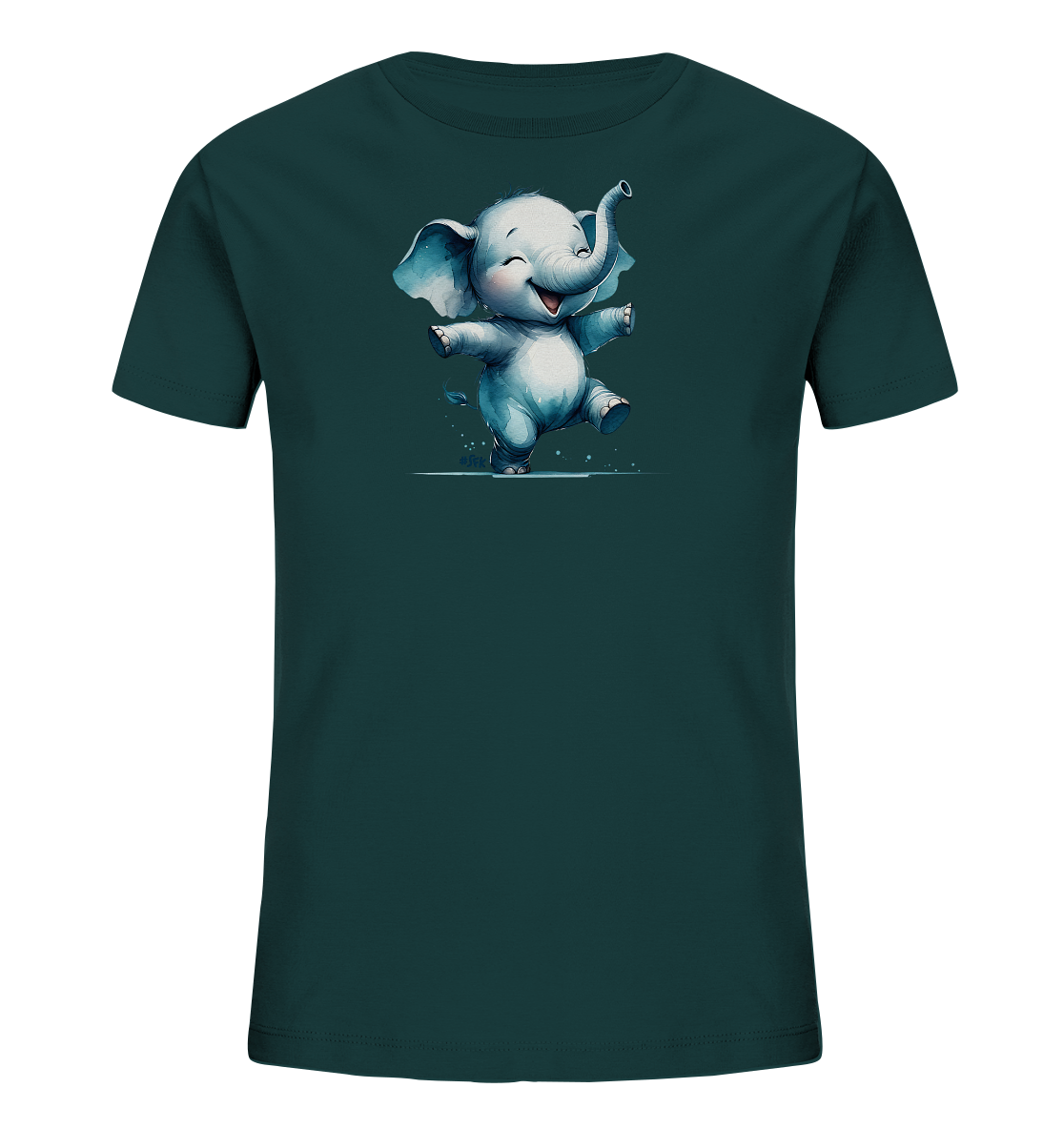Onlineshop Shirts fuer Kinder - Das Bild zeigt ein dunkelgruenes T-Shirt fuer Kinder mit einem froehlichen Elefanten-Motiv. Der kleine Elefant ist hellblau dargestellt und springt oder tanzt mit ausgestreckten Armen und einem breiten Laecheln. Kleine Spritzer um die Fuesse herum betonen die Bewegung und Dynamik des Bildes. Das verspielte Design ist ideal fuer Kinder.