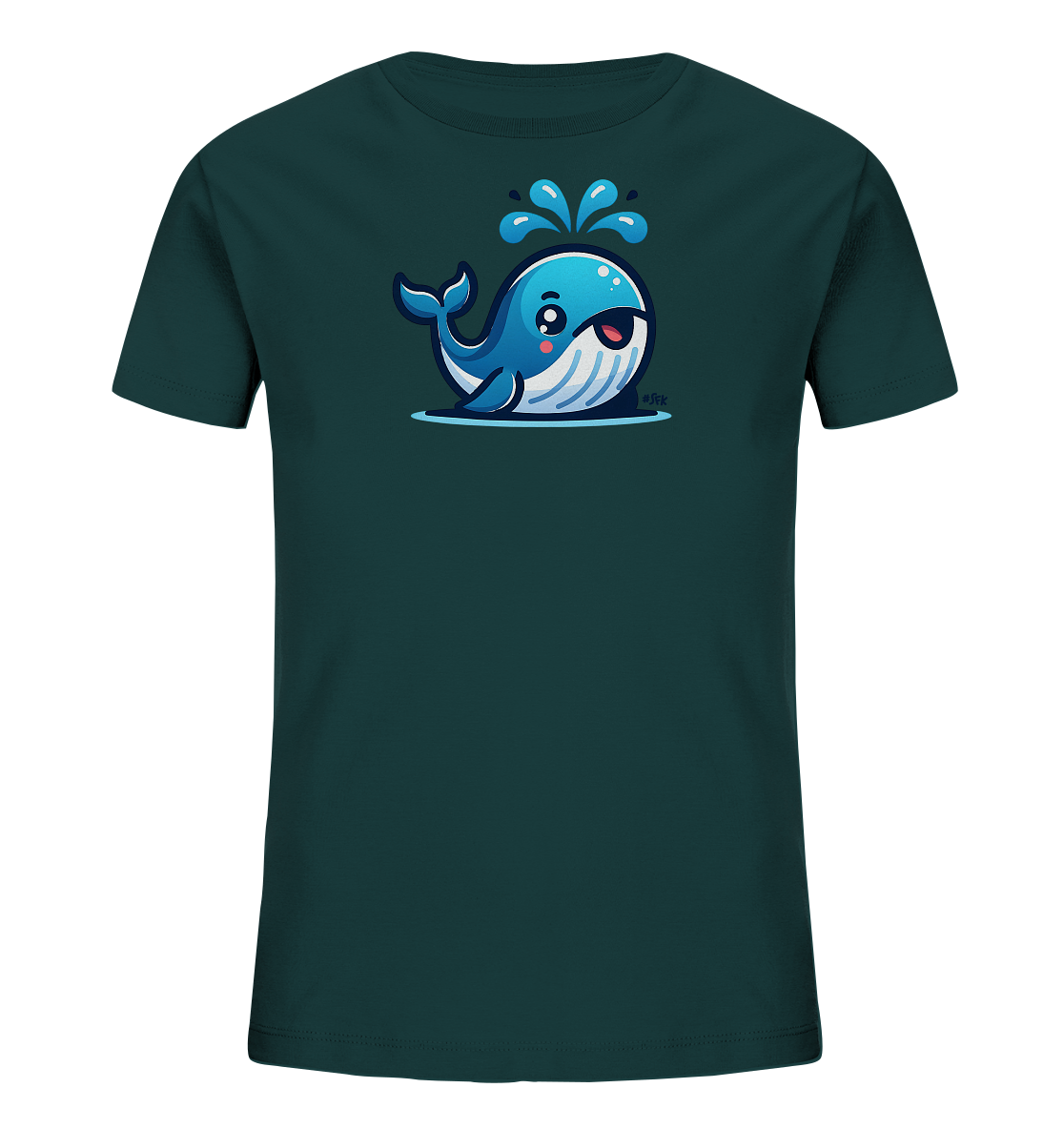 Onlineshop Shirts fuer Kinder - Das Bild zeigt ein dunkelgruenes Kinder-T-Shirt mit einem niedlichen, cartoonhaften Wal auf der Vorderseite. Der Wal ist blau-weiss gestreift, hat ein freundliches Gesicht und spritzt Wasser in die Luft. Das Design ist spielerisch und froehlich gestaltet. Ein ideales Shirt fuer kleine Meeresfreunde.