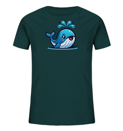 Onlineshop Shirts fuer Kinder - Das Bild zeigt ein dunkelgruenes Kinder-T-Shirt mit einem niedlichen, cartoonhaften Wal auf der Vorderseite. Der Wal ist blau-weiss gestreift, hat ein freundliches Gesicht und spritzt Wasser in die Luft. Das Design ist spielerisch und froehlich gestaltet. Ein ideales Shirt fuer kleine Meeresfreunde.