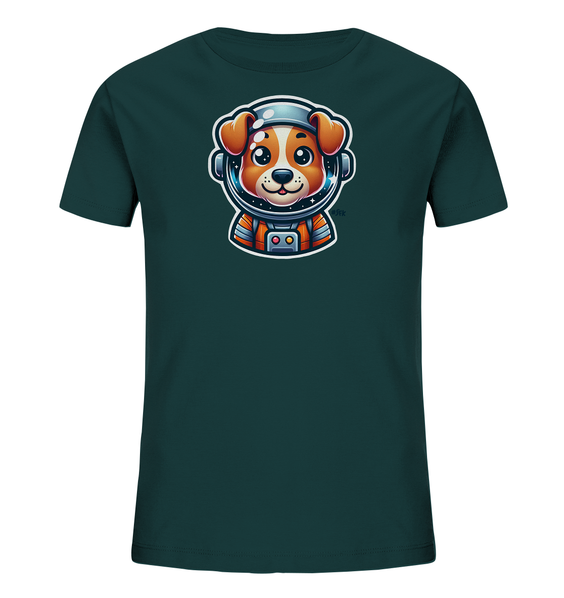 Onlineshop Shirts fuer Kinder - Dieses dunkelgruene T-Shirt fuer Kinder zeigt eine niedliche Illustration eines Hundes im Astronautenanzug. Der freundliche Hund traegt einen Helm, dessen Visier einen sternenklaren Himmel widerspiegelt. Das Design ist farbenfroh und detailreich, perfekt fuer kleine Weltraum-Fans.