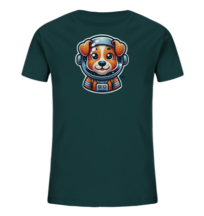Onlineshop Shirts fuer Kinder - Dieses dunkelgruene T-Shirt fuer Kinder zeigt eine niedliche Illustration eines Hundes im Astronautenanzug. Der freundliche Hund traegt einen Helm, dessen Visier einen sternenklaren Himmel widerspiegelt. Das Design ist farbenfroh und detailreich, perfekt fuer kleine Weltraum-Fans.