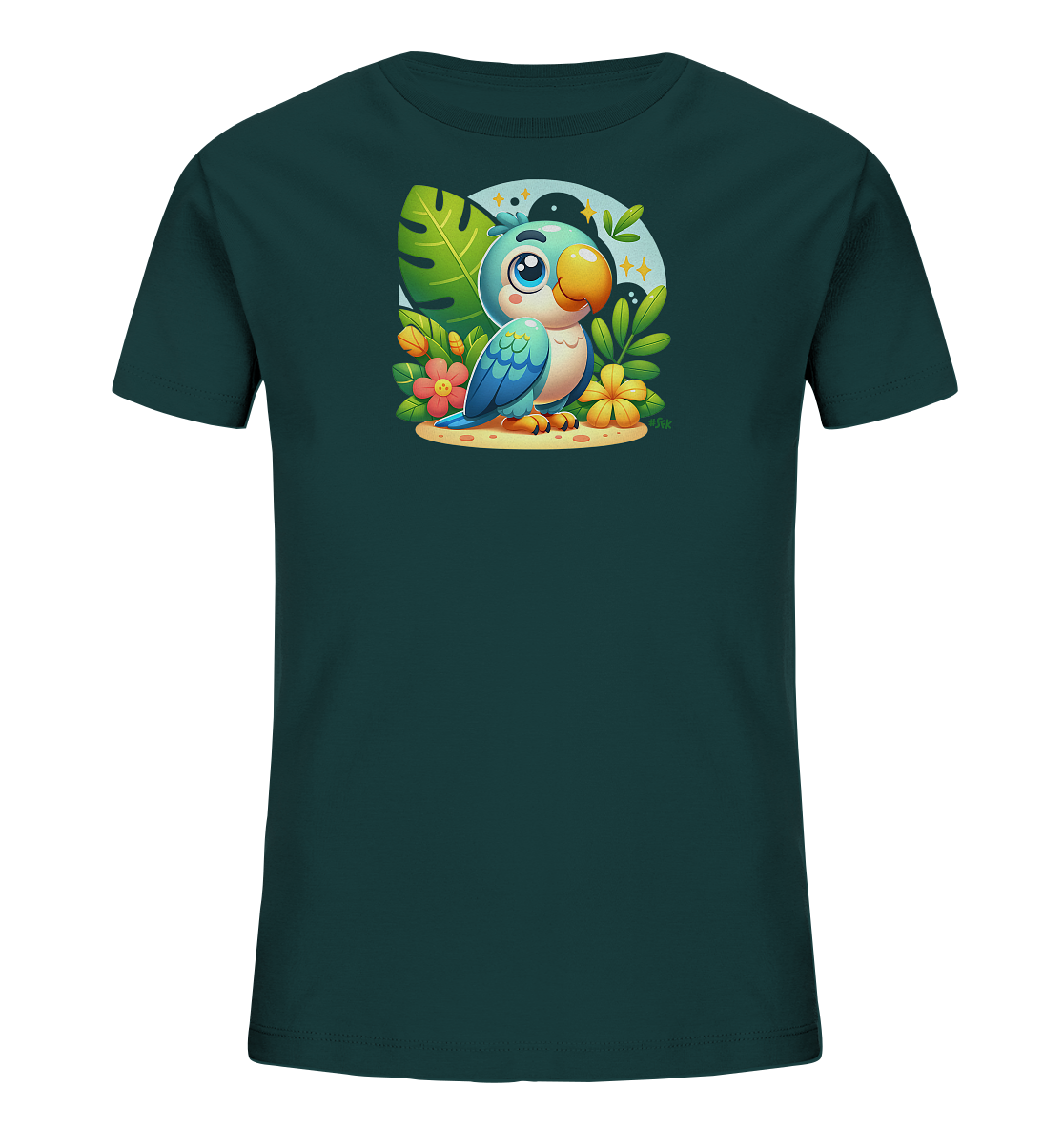 Onlineshop Shirts fuer Kinder - Das Bild zeigt ein dunkelgruenes Kinder-T-Shirt mit einem farbenfrohen Motiv eines Papageis auf der Vorderseite. Der niedliche, cartoonhafte Papagei sitzt umgeben von tropischen Blaettern und Blumen. Im Hintergrund ist ein heller Kreis mit funkelnden Sternen dargestellt. Das Design wirkt verspielt und farbenfroh.
