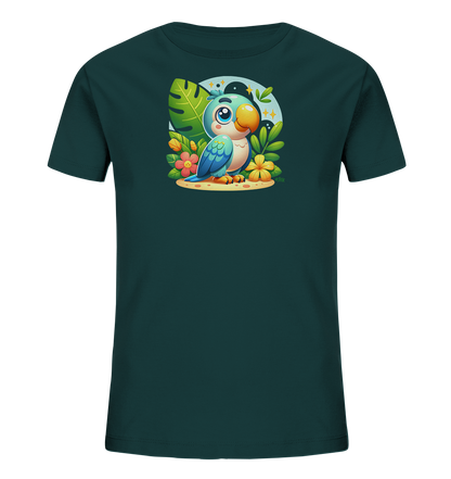 Onlineshop Shirts fuer Kinder - Das Bild zeigt ein dunkelgruenes Kinder-T-Shirt mit einem farbenfrohen Motiv eines Papageis auf der Vorderseite. Der niedliche, cartoonhafte Papagei sitzt umgeben von tropischen Blaettern und Blumen. Im Hintergrund ist ein heller Kreis mit funkelnden Sternen dargestellt. Das Design wirkt verspielt und farbenfroh.