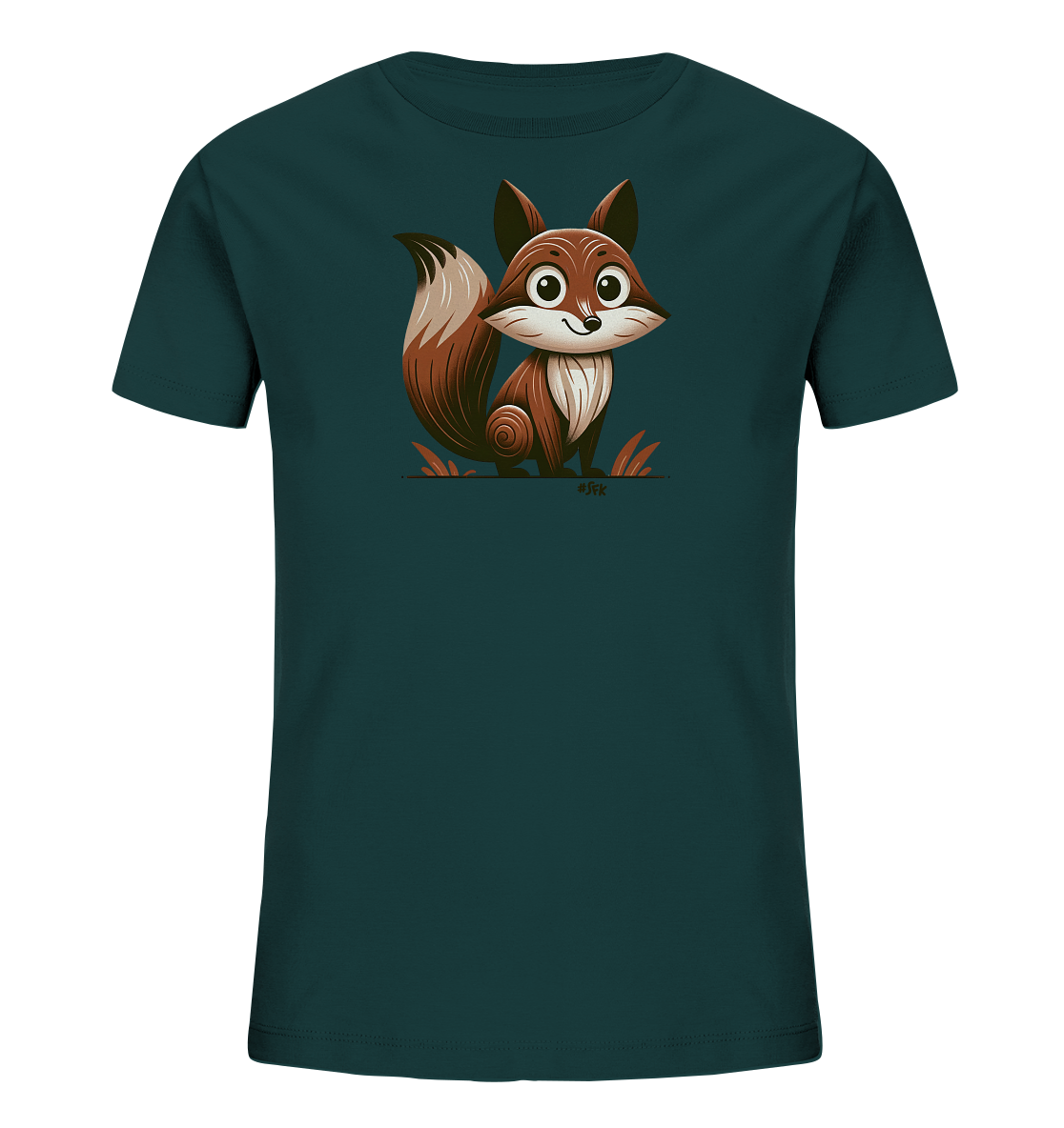 Onlineshop Shirts fuer Kinder - Das Bild zeigt ein dunkelgruenes T-Shirt fuer Kinder mit einer niedlichen Fuchs-Illustration. Der Cartoon-Fuchs sitzt aufrecht und ist in warmen Braun- und Weisstoenen gehalten. Er hat grosse Augen und ein freundliches Laecheln. Um ihn herum sind einfache Graeser angedeutet.
