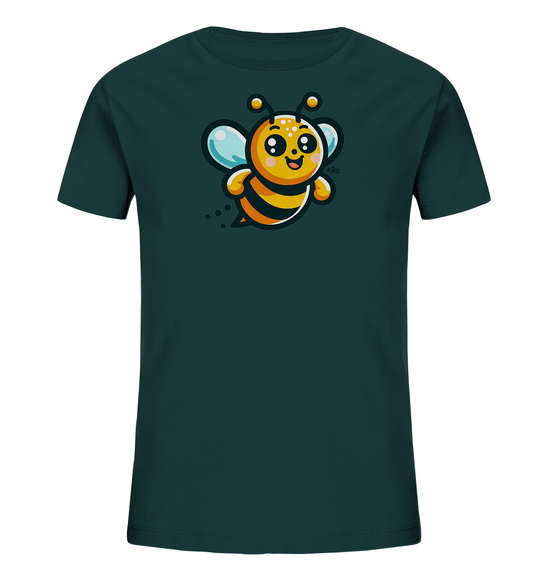 Onlineshop Shirts fuer Kinder - Das Bild zeigt ein dunkelgruenes T-Shirt mit einer niedlichen, fliegenden Biene als Motiv. Die Biene ist im Cartoon-Stil gehalten, hat gelb-schwarze Streifen, grosse Augen und ein froehliches Laecheln. Ihre hellblauen Fluegel sind ausgebreitet, und Punkte deuten die Bewegung an. Das Design wirkt verspielt und ansprechend fuer Kinder.