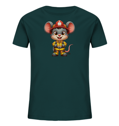 Onlineshop Shirts fuer Kinder - Das Bild zeigt ein dunkelgruenes Kinder T-Shirt mit einem grossen Aufdruck auf der Vorderseite. Der Aufdruck zeigt eine niedliche Cartoon-Maus, die als Feuerwehrmann gekleidet ist. Die Maus traegt einen roten Helm und einen gelben Einsatzanzug. Das Design wirkt freundlich und kindgerecht.