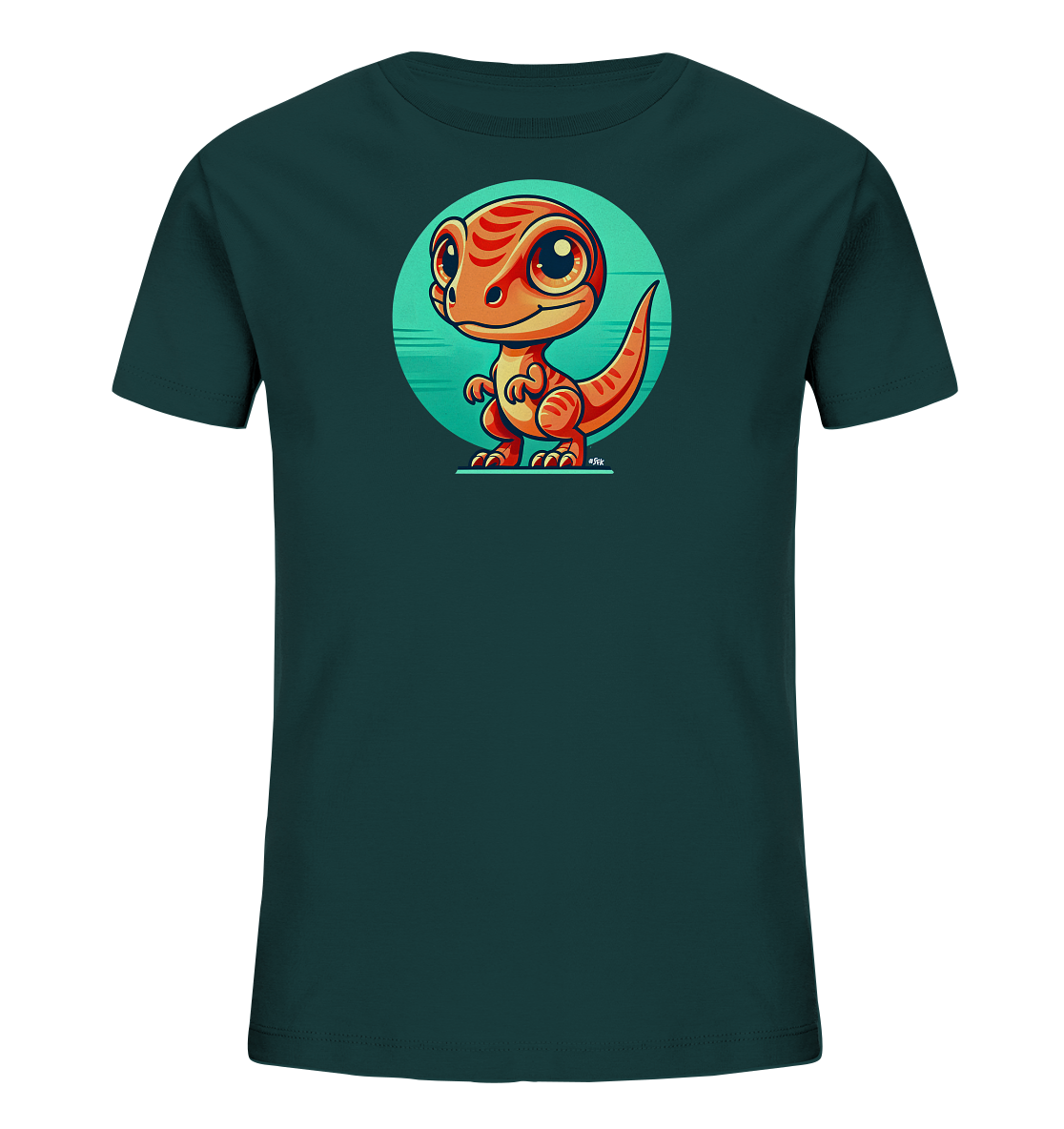 Onlineshop Shirts fuer Kinder - Das Bild zeigt ein dunkelgruenes Kinder T-Shirt. Auf der Vorderseite ist ein niedlicher, oranger Comic-Dinosaurier mit grossen Augen abgebildet. Er steht auf einer kleinen Plattform vor einem tuerkisen Kreis mit Streifen. Das Design wirkt sehr verspielt und freundlich.