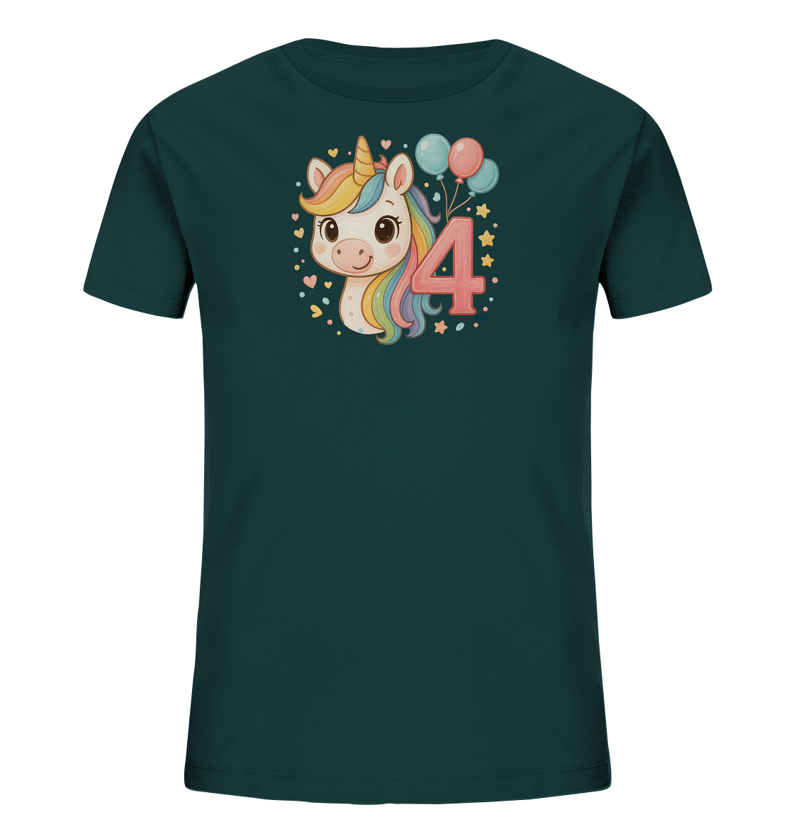 Onlineshop Shirts fuer Kinder - Das Bild zeigt ein dunkelgruenes Kinder T-Shirt mit einem farbenfrohen Druck auf der Vorderseite. Das Motiv stellt den Kopf eines niedlichen Einhorns mit bunter Maehne und goldenem Horn dar. Daneben ist eine grosse rosa Zahl '4' zu sehen, begleitet von einigen Ballons und kleinen Dekorationssymbolen wie Herzen und Sternen. Das Design ist verspielt und froehlich gestaltet.