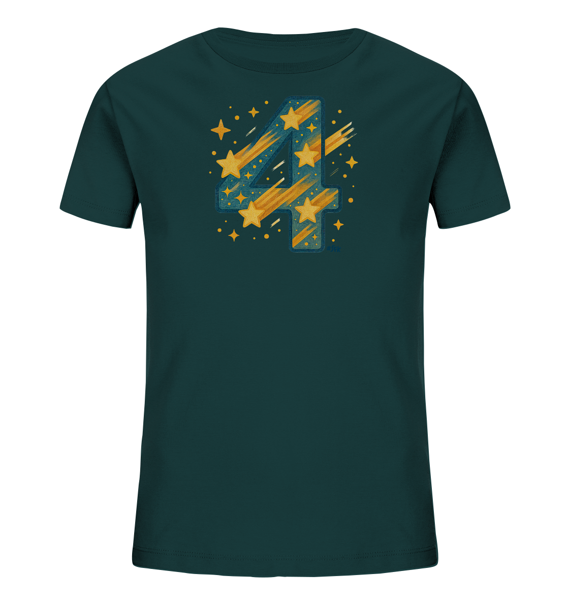 Onlineshop Shirts fuer Kinder - Das Bild zeigt ein dunkelgruenes Kinder-T-Shirt mit einer grossen, auffaelligen Grafik. Im Zentrum ist die Zahl 4 in einem dynamischen Design dargestellt. Die Zahl ist mit goldenen Sternen und strahlenfoermigen Elementen gefuellt und umgeben von kleineren Sternen und Punkten.