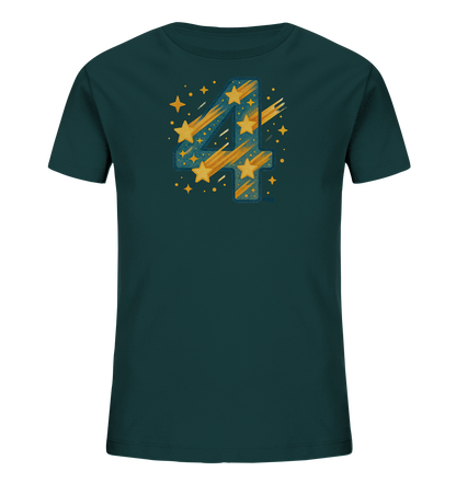 Onlineshop Shirts fuer Kinder - Das Bild zeigt ein dunkelgruenes Kinder-T-Shirt mit einer grossen, auffaelligen Grafik. Im Zentrum ist die Zahl 4 in einem dynamischen Design dargestellt. Die Zahl ist mit goldenen Sternen und strahlenfoermigen Elementen gefuellt und umgeben von kleineren Sternen und Punkten.