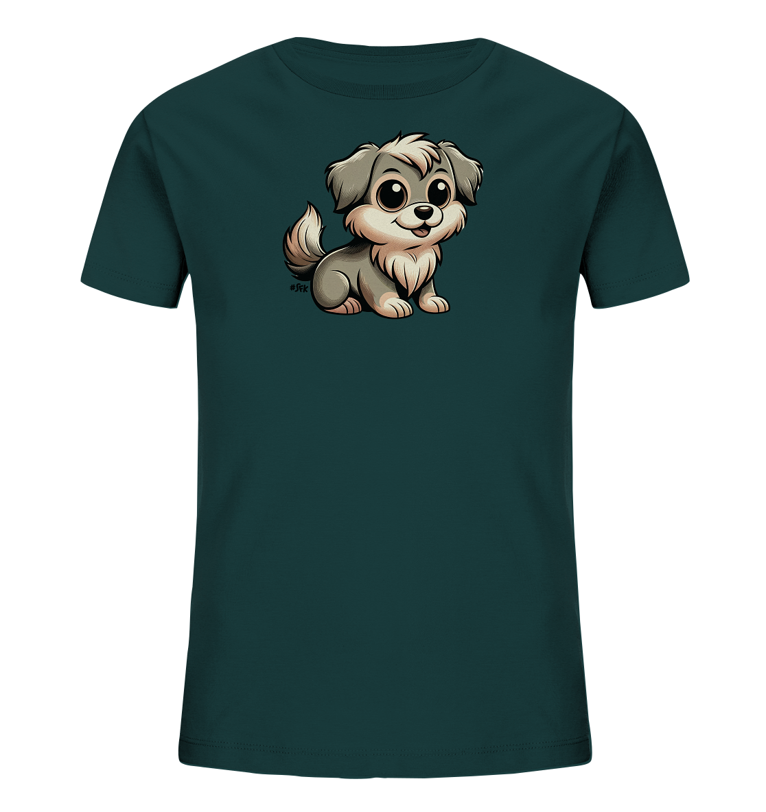 Onlineshop Shirts fuer Kinder - Das Bild zeigt ein dunkelgruenes T-Shirt mit einem niedlichen Hundemotiv auf der Vorderseite. Der Hund ist in einem Cartoon-Stil dargestellt, hat graues Fell und grosse Augen. Er sitzt mit laechelndem Ausdruck und aufmerksamem Blick. Das Design wirkt freundlich und verspielt, ideal fuer Kinder.