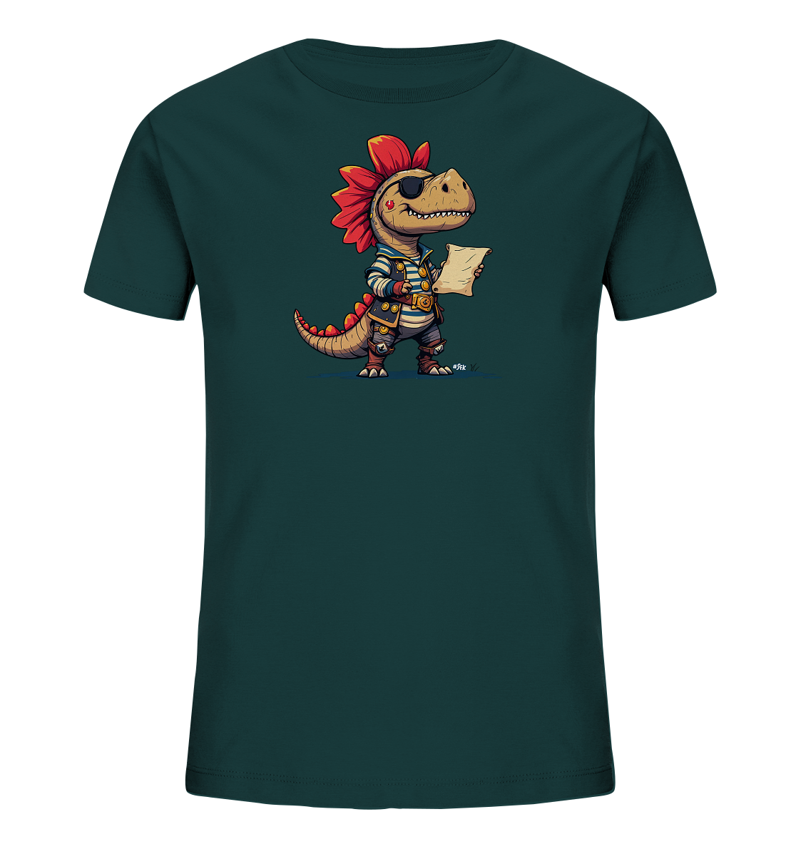 Onlineshop Shirts fuer Kinder - Das Bild zeigt ein dunkelgruenes Kinder-T-Shirt mit einem detailreichen Aufdruck eines Dinosauriers im Piratenkostuem. Der kleine Dinosaurier traegt eine gestreifte Jacke, eine Weste, einen Guertel, Stiefel und eine Augenklappe. Er haelt ein Stueck Papier oder eine Karte in seinen Klauen. Das Motiv wirkt verspielt und abenteuerlich.