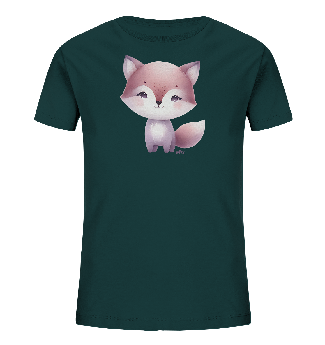 Onlineshop Shirts fuer Kinder - Dieses dunkelgruene T-Shirt fuer Kinder zeigt eine niedliche Illustration eines sitzenden Fuchses auf der Vorderseite. Der Fuchs ist in sanften Rosatoenen gehalten und hat grosse, freundliche Augen sowie einen buschigen Schwanz. Das charmante Cartoon-Motiv verleiht dem Shirt eine verspielte Note. Es ist ein einfaches und ansprechendes Design, ideal fuer kleine Tierfreunde.