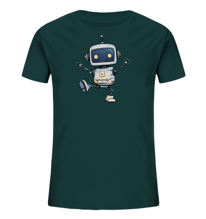 Kinder-T-Shirt mit aufgewecktem Roboter und fröhlicher Ausstrahlung.