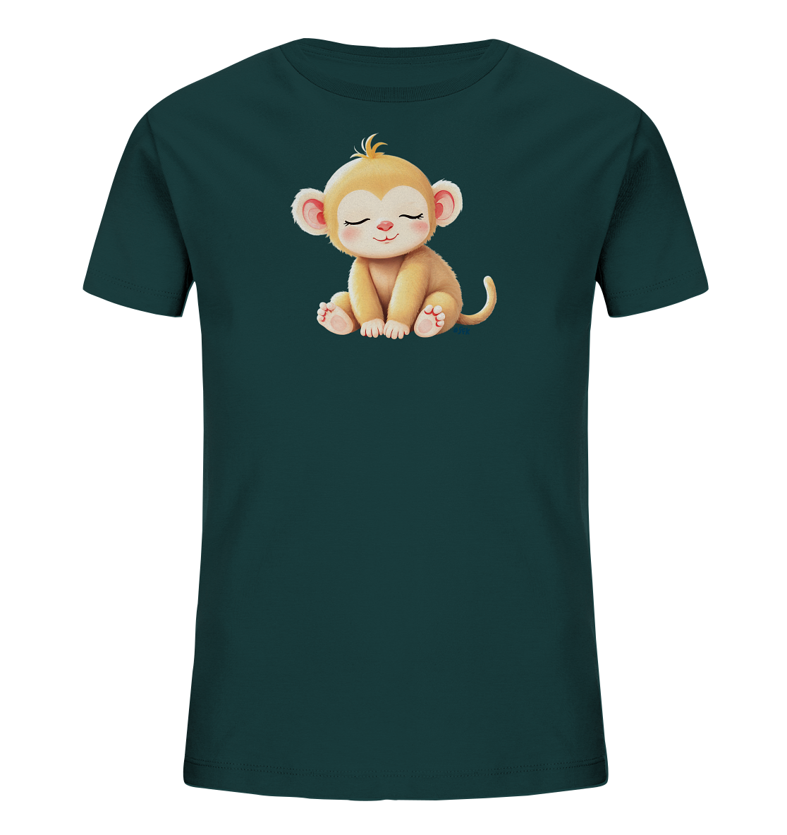 Onlineshop Shirts fuer Kinder - Das Bild zeigt ein dunkelgruenes Kinder-T-Shirt mit einem niedlichen Tiermotiv auf der Vorderseite. Es ist ein sitzender, hellbrauner Affe mit geschlossenen Augen und einem sanften Laecheln dargestellt. Der Affe hat kleine rosa Ohren und Pfoten, was ihm ein verspieltes Aussehen verleiht. Das Design wirkt ruhig und ansprechend fuer Kinder.