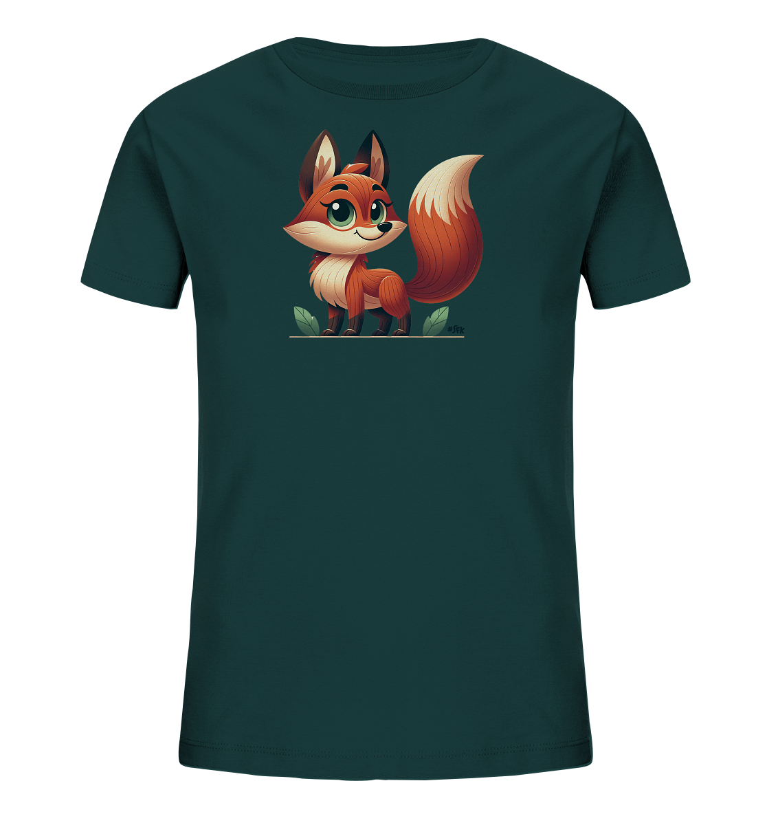 Onlineshop Shirts fuer Kinder - Das Bild zeigt ein dunkelgruenes Kinder-T-Shirt. Auf der Vorderseite befindet sich eine freundliche, cartoonartige Illustration eines Fuchses. Der Fuchs hat orangefarbenes Fell mit einer weissen Schwanzspitze und grossen gruenen Augen. Er steht auf einer stilisierten Linie mit gruenen Blaettern.