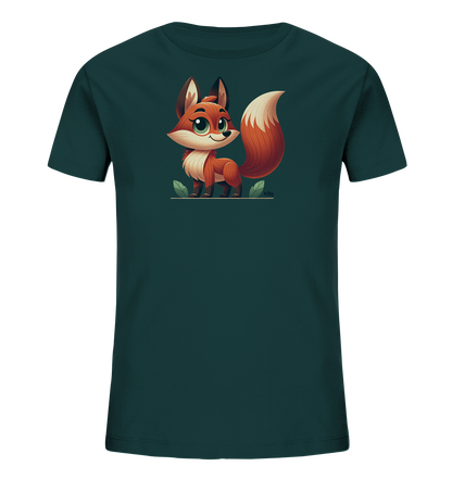 Onlineshop Shirts fuer Kinder - Das Bild zeigt ein dunkelgruenes Kinder-T-Shirt. Auf der Vorderseite befindet sich eine freundliche, cartoonartige Illustration eines Fuchses. Der Fuchs hat orangefarbenes Fell mit einer weissen Schwanzspitze und grossen gruenen Augen. Er steht auf einer stilisierten Linie mit gruenen Blaettern.