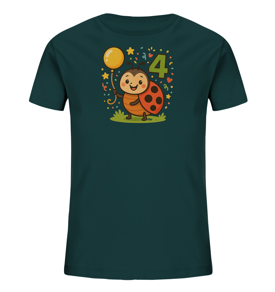 Onlineshop Shirts fuer Kinder - Ein dunkelblaues T-Shirt fuer Kinder mit einer niedlichen Grafik eines laechelnden Marienkaefers. Der Marienkaefer haelt einen Ballon neben der grossen Zahl 4. Das Design beinhaltet Streusel, Sterne und Herzen und steht auf gruener Grasflaeche.