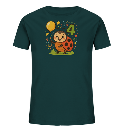 Onlineshop Shirts fuer Kinder - Ein dunkelblaues T-Shirt fuer Kinder mit einer niedlichen Grafik eines laechelnden Marienkaefers. Der Marienkaefer haelt einen Ballon neben der grossen Zahl 4. Das Design beinhaltet Streusel, Sterne und Herzen und steht auf gruener Grasflaeche.