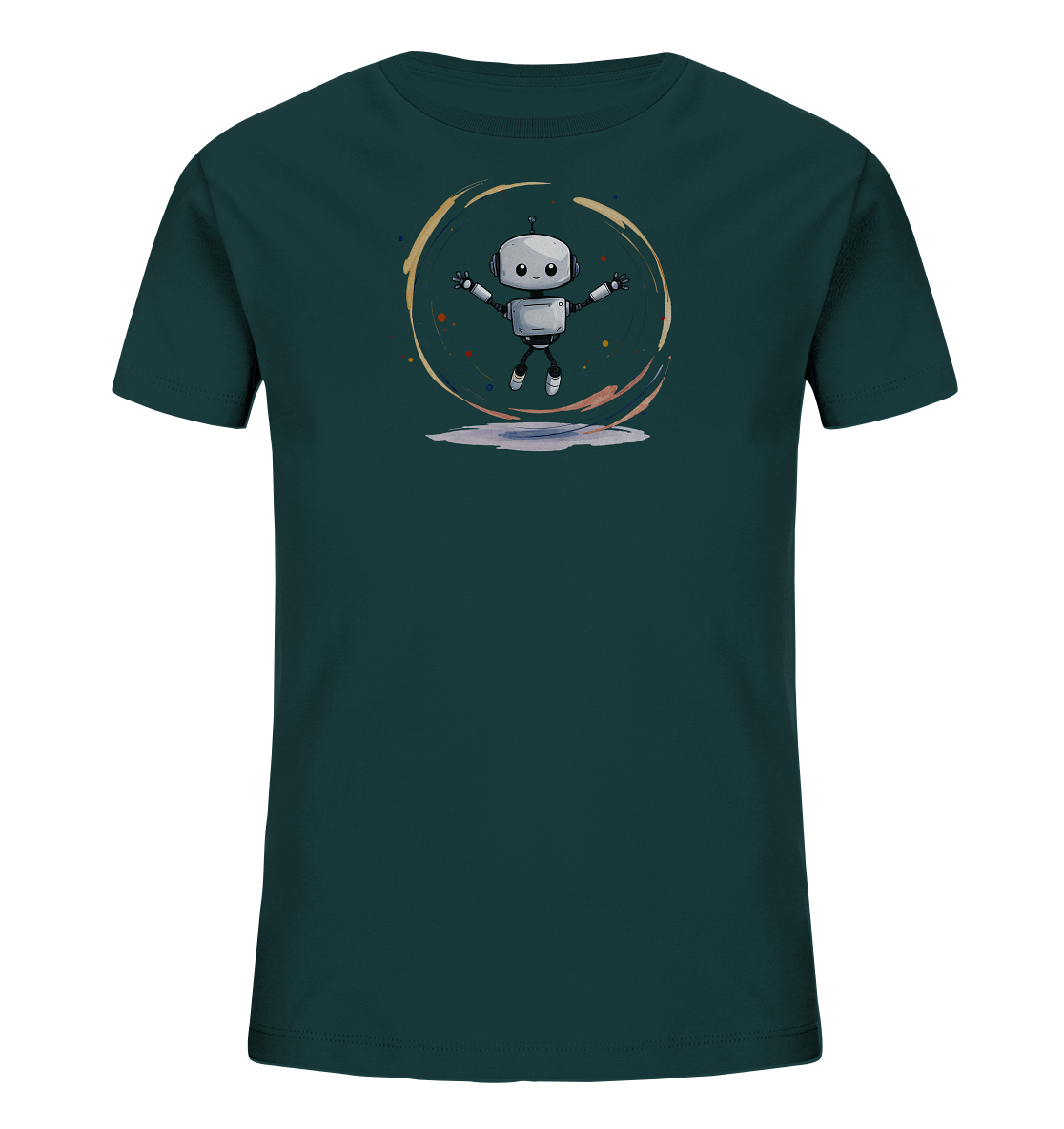 Onlineshop Shirts für Kinder - Das Bild zeigt ein dunkelgrünes Kinder-T-Shirt mit einem verspielten Druck auf der Vorderseite. Im Zentrum ist ein niedlicher, silberner Cartoon-Roboter abgebildet, der mit ausgestreckten Armen und Beinen zu springen scheint. Der Roboter ist umgeben von einer dynamischen, kreisförmigen Grafik, die aus wirbelnden Pinselstrichen und bunten Punkten in Gelb-, Orange- und Blautönen besteht. Das Motiv wirkt fröhlich und lebendig, passend für ein Kinder-T-Shirt.