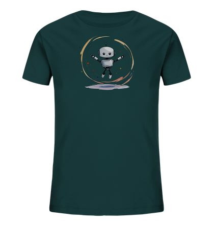 Onlineshop Shirts für Kinder - Das Bild zeigt ein dunkelgrünes Kinder-T-Shirt mit einem verspielten Druck auf der Vorderseite. Im Zentrum ist ein niedlicher, silberner Cartoon-Roboter abgebildet, der mit ausgestreckten Armen und Beinen zu springen scheint. Der Roboter ist umgeben von einer dynamischen, kreisförmigen Grafik, die aus wirbelnden Pinselstrichen und bunten Punkten in Gelb-, Orange- und Blautönen besteht. Das Motiv wirkt fröhlich und lebendig, passend für ein Kinder-T-Shirt.