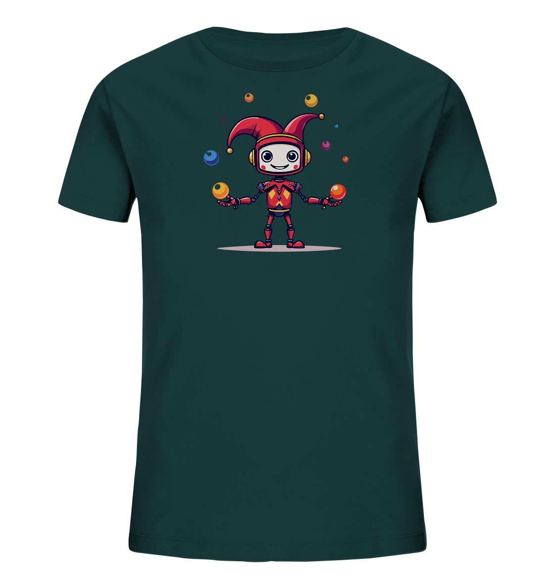 Onlineshop Shirts für Kinder - Das Bild zeigt ein dunkelgrünblaues T-Shirt für Kinder. Auf der Vorderseite ist eine detaillierte Illustration eines freundlich aussehenden Roboters im Stil eines Narren zu sehen. Der Roboter trägt eine rote Narrenkappe und jongliert mehrere farbige Kugeln in Gelb, Orange, Blau und Rot. Dieses Design verleiht dem Shirt einen verspielten und unterhaltsamen Charakter.