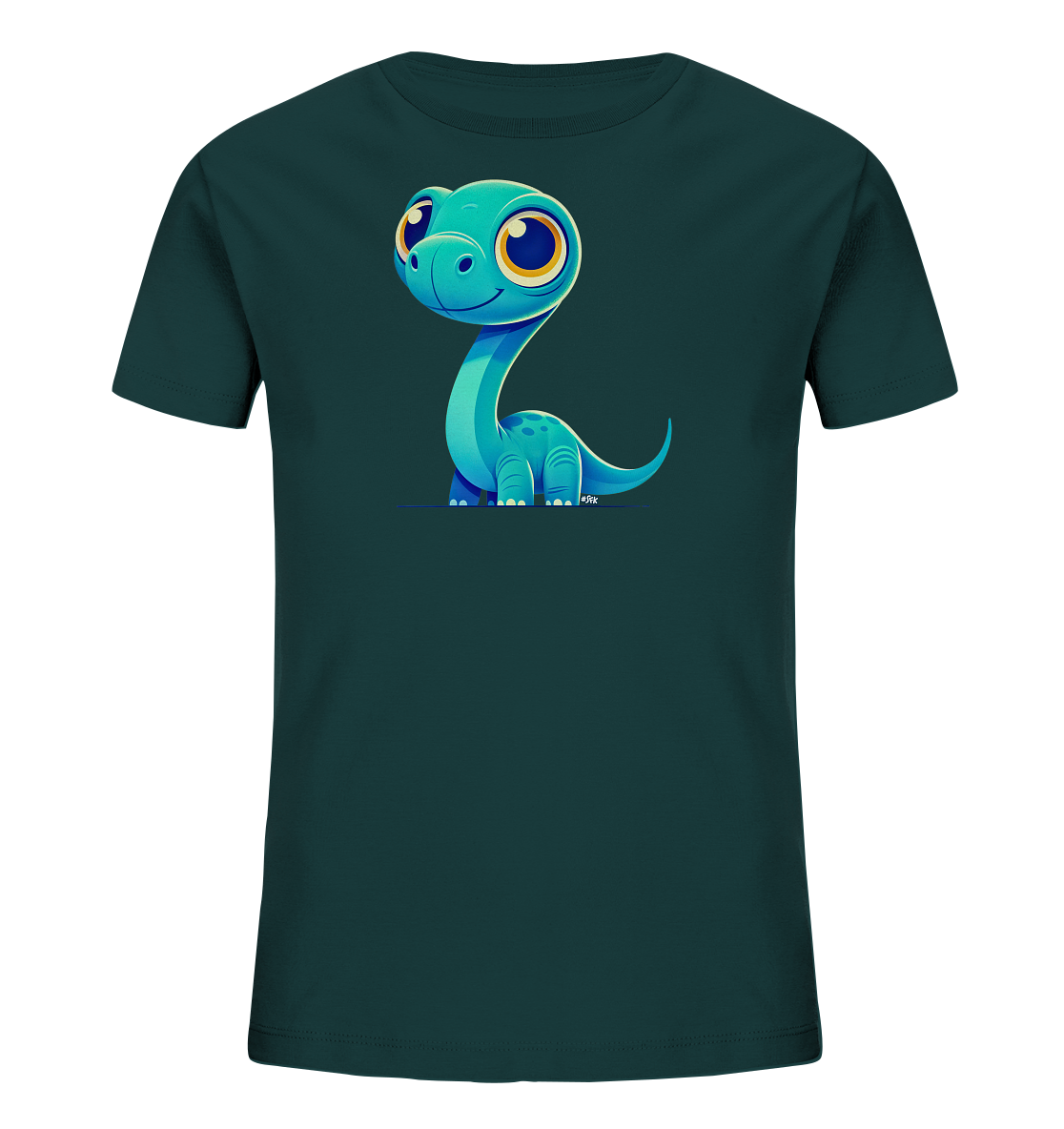 Onlineshop Shirts für Kinder - Das Bild zeigt ein Kinder T-Shirt in einem dunklen Petrol- oder Türkiston. Auf der Vorderseite ist eine niedliche, stilisierte Abbildung eines jungen Dinosauriers zu sehen. Der Dinosaurier hat eine hellblaue Farbe mit dunkleren Flecken, einen langen Hals, große, ausdrucksstarke gelb-orange Augen und ein freundliches Lächeln. Er sitzt aufrecht mit seinen kleinen Beinen und seinem Schwanz, was dem Design einen verspielten und ansprechenden Look verleiht.