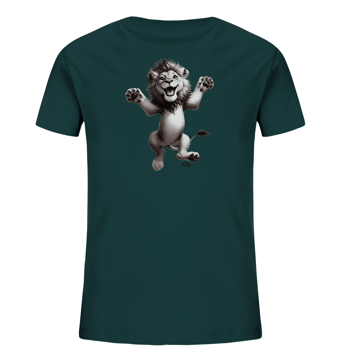 Onlineshop Shirts fuer Kinder - Dieses T-Shirt in einem dunklen Petrolton praesentiert auf der Vorderseite eine dynamische Illustration eines Loewen. Der springende Loewe ist in Graustufen gezeichnet und zeigt seine Pfoten sowie ein aufgewecktes Gesicht. Seine Pose strahlt Freude und Bewegung aus. Dieses T-Shirt bietet ein verspieltes und einzigartiges Design fuer Kinder.