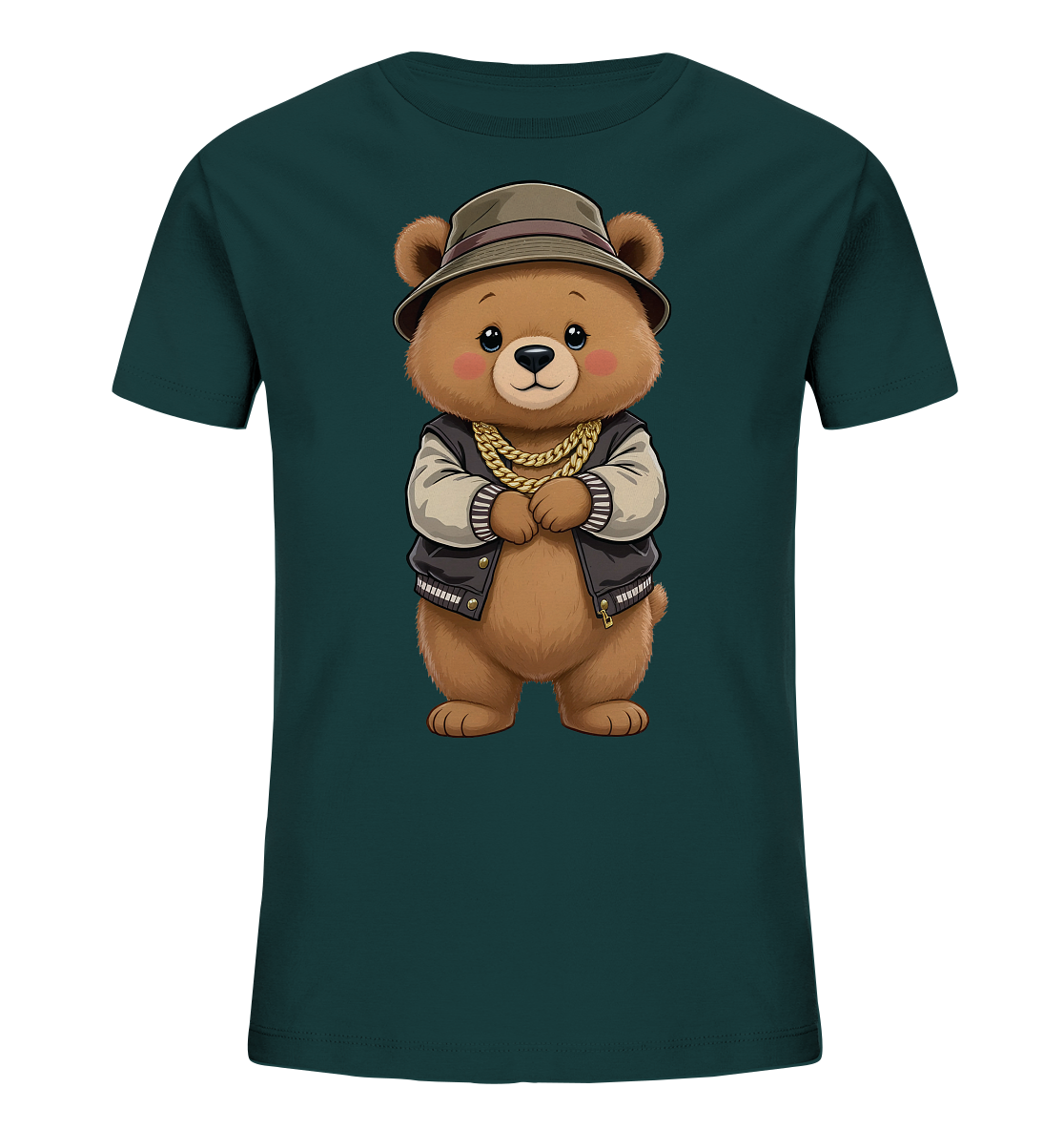 Onlineshop Shirts fuer Kinder - Das Bild zeigt ein dunkelgruenblaues T-Shirt mit einem niedlichen Cartoon-Baerenmotiv auf der Vorderseite. Der Baer ist braun gefaerbt und traegt einen braunen Hut, eine schwarz-weisse Bomberjacke sowie eine goldene Halskette. Er steht mit verschraenkten Armen da und hat einen freundlichen Ausdruck, was dem Design einen laessigen und verspielten Charakter verleiht.