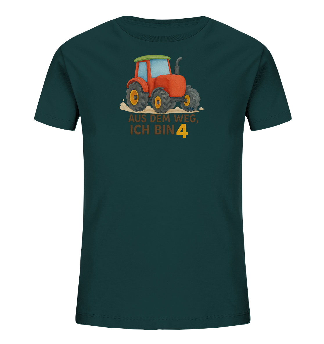 Onlineshop Shirts fuer Kinder - Das Bild zeigt ein dunkelgruenes Kinder-T-Shirt. Auf der Vorderseite ist ein roter Comic-Traktor abgebildet. Unter dem Traktor steht der Text "AUS DEM WEG, ICH BIN 4", wobei die Zahl 4 gross und gelb hervorgehoben ist. Das Design wirkt robust und ist fuer Kinder geeignet.
