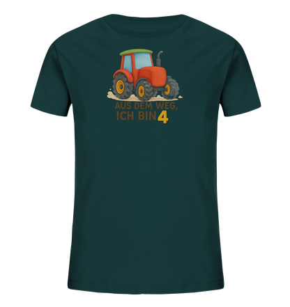 Onlineshop Shirts fuer Kinder - Das Bild zeigt ein dunkelgruenes Kinder-T-Shirt. Auf der Vorderseite ist ein roter Comic-Traktor abgebildet. Unter dem Traktor steht der Text "AUS DEM WEG, ICH BIN 4", wobei die Zahl 4 gross und gelb hervorgehoben ist. Das Design wirkt robust und ist fuer Kinder geeignet.