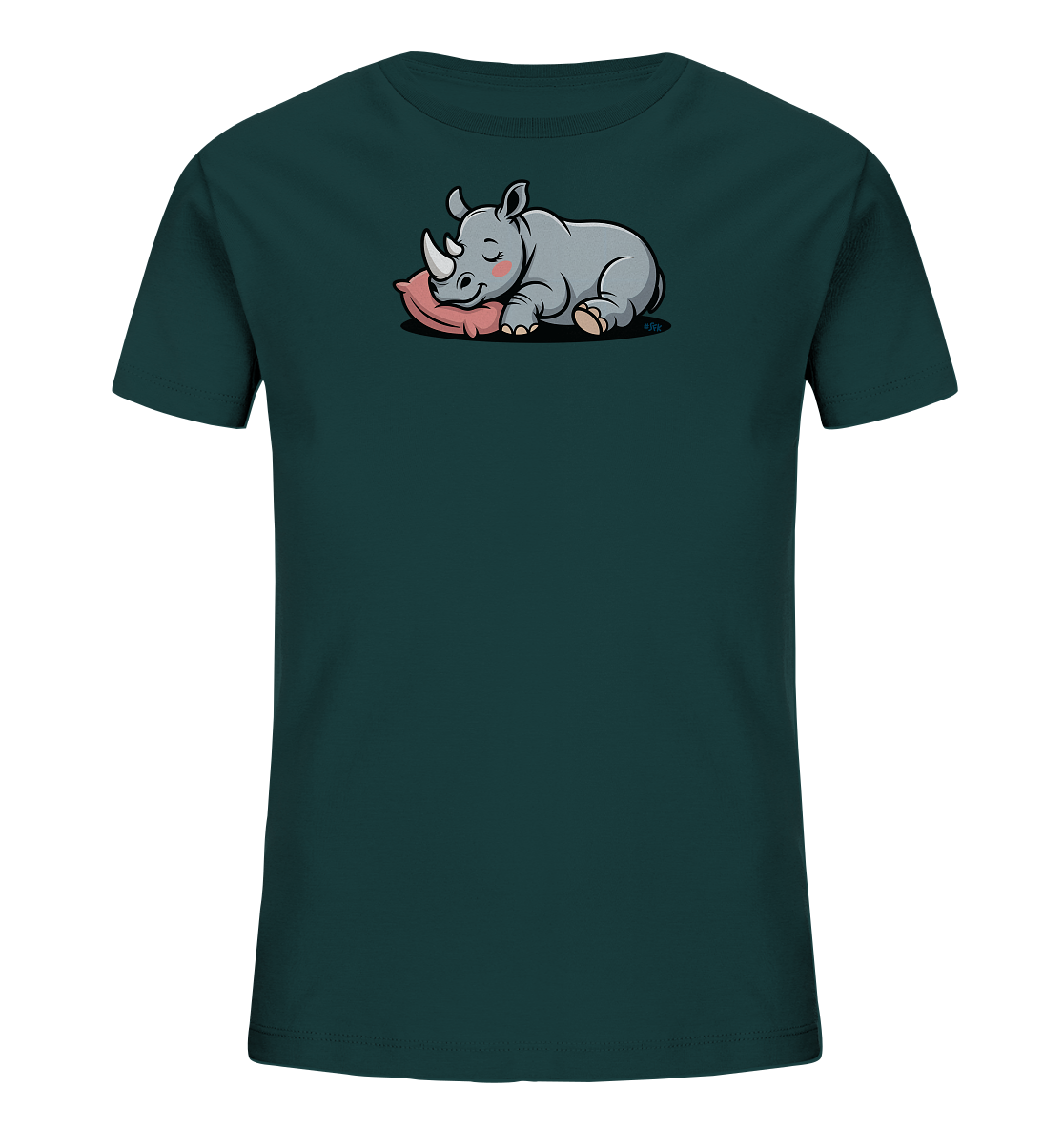 Onlineshop Shirts fuer Kinder - Das Bild zeigt ein dunkelgruenes T-Shirt fuer Kinder. Auf der Vorderseite ist ein niedliches, schlafendes Nashorn abgebildet, das auf einem rosa Kissen liegt. Das graue Nashorn hat die Augen geschlossen und rote Wangen, was einen friedlichen Ausdruck vermittelt. Das Design ist verspielt und ideal fuer Kinder.