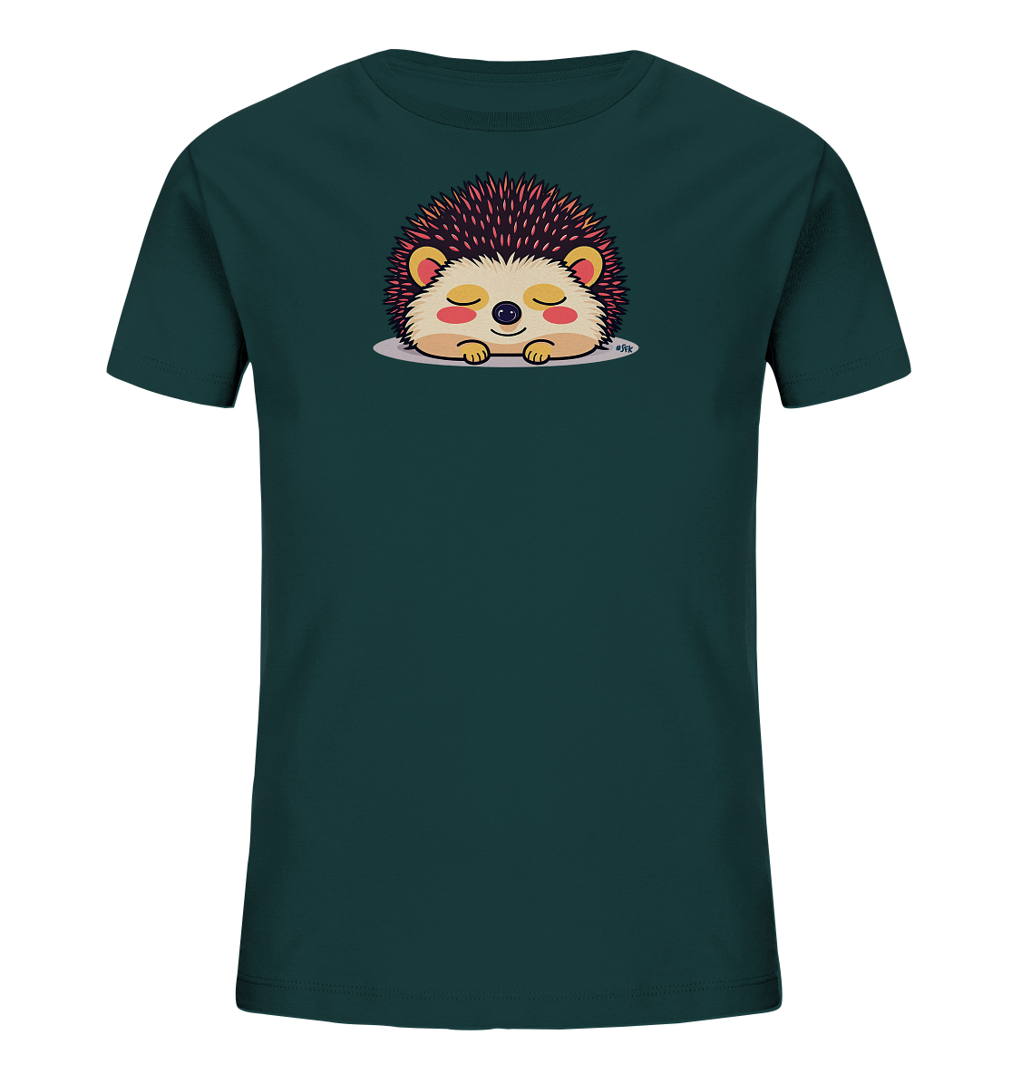 Onlineshop Shirts fuer Kinder - Das Bild zeigt ein dunkelgruenes Kinder-T-Shirt. Auf der Vorderseite befindet sich ein suesses, cartoonartiges Motiv eines schlafenden Igels. Der Igel hat rosafarbene Stacheln, einen beigen Bauch und geschlossene Augen, was einen friedlichen Ausdruck vermittelt. Er liegt entspannt auf einer hellgrauen Flaeche, was dem Design eine ruhige und niedliche Ausstrahlung verleiht.