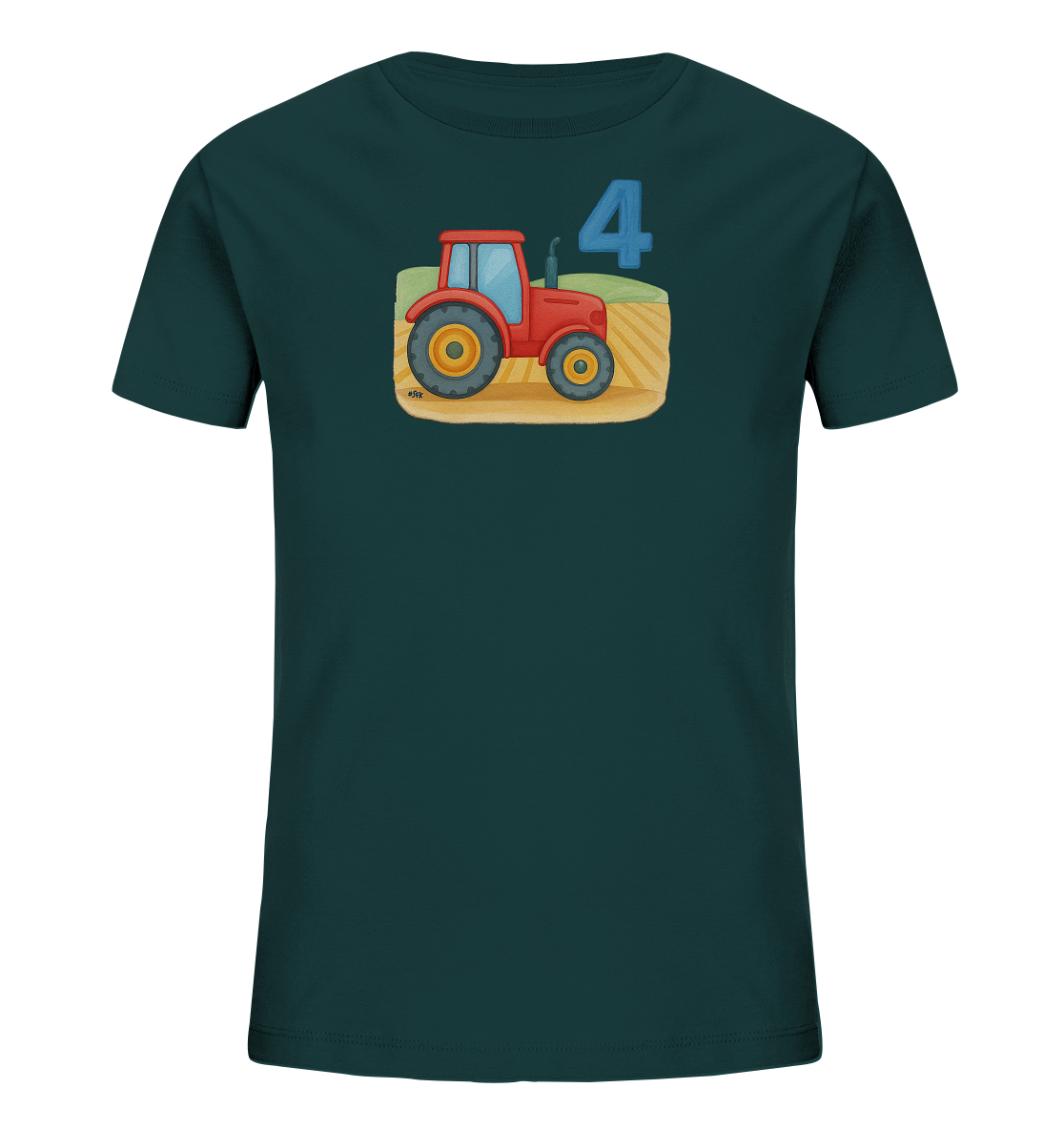 Onlineshop Shirts fuer Kinder - Dieses T-Shirt in Dunkelgruen zeigt ein Motiv mit einem roten Traktor vor einem Feld. Eine grosse, blaue Zahl '4' ist prominent im Design platziert. Das Design wirkt kindgerecht und thematisiert Fahrzeuge und Landwirtschaft.