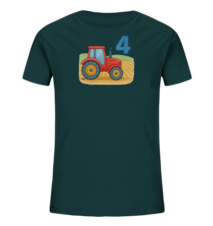 Onlineshop Shirts fuer Kinder - Dieses T-Shirt in Dunkelgruen zeigt ein Motiv mit einem roten Traktor vor einem Feld. Eine grosse, blaue Zahl '4' ist prominent im Design platziert. Das Design wirkt kindgerecht und thematisiert Fahrzeuge und Landwirtschaft.
