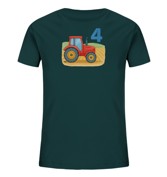 Onlineshop Shirts fuer Kinder - Dieses T-Shirt in Dunkelgruen zeigt ein Motiv mit einem roten Traktor vor einem Feld. Eine grosse, blaue Zahl '4' ist prominent im Design platziert. Das Design wirkt kindgerecht und thematisiert Fahrzeuge und Landwirtschaft.