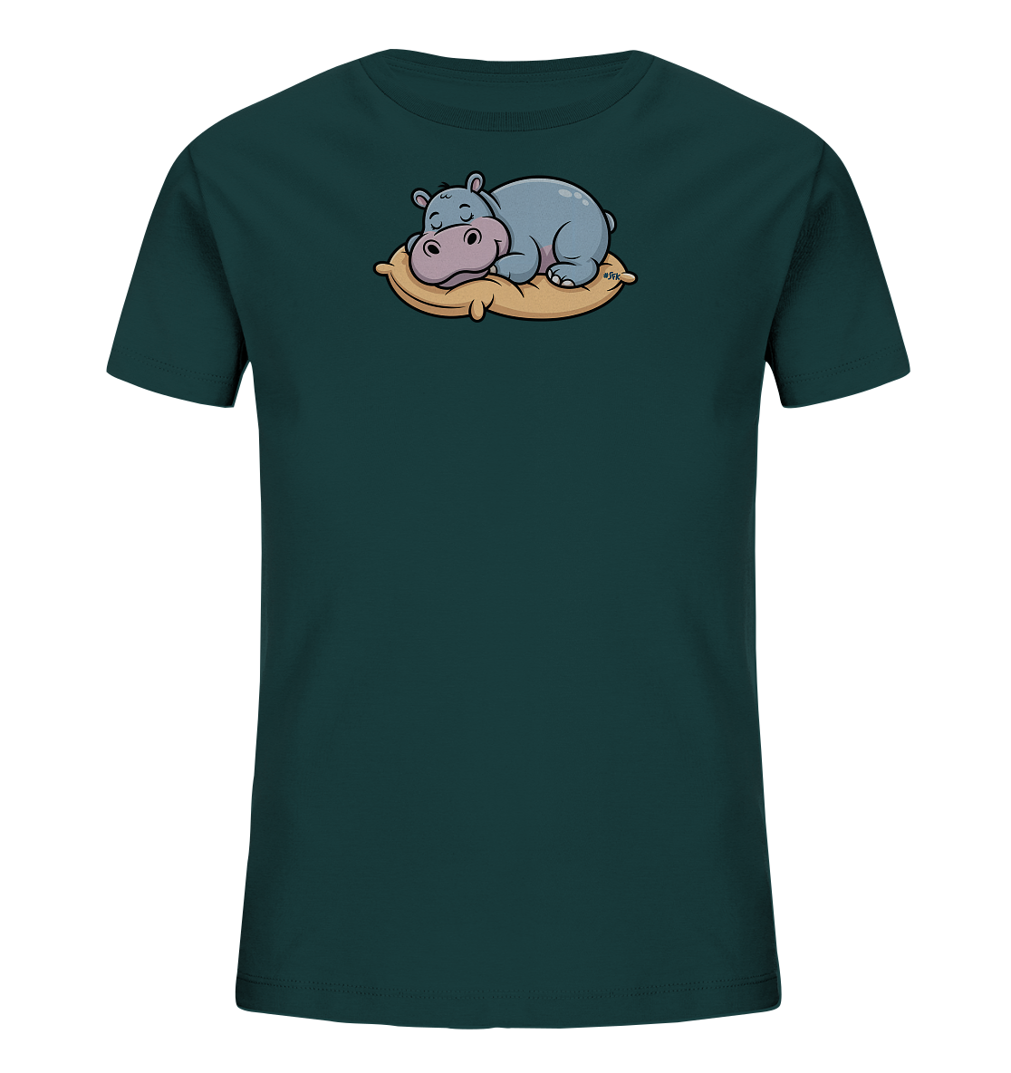 Onlineshop Shirts fuer Kinder - Das Bild zeigt ein dunkelgruenes Kinder-T-Shirt mit einem niedlichen Aufdruck eines schlafenden Nilpferds. Das graue Nilpferd ruht friedlich auf einem hellbraunen Kissen und hat die Augen geschlossen. Das Design wirkt beruhigend und ist ideal fuer kleine Tierliebhaber.