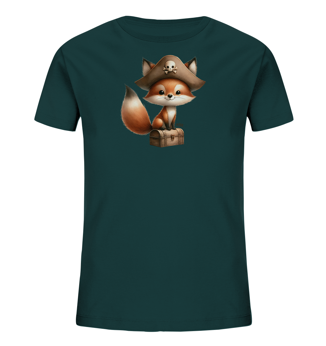 Onlineshop Shirts fuer Kinder - Dieses dunkelgruene T-Shirt zeigt eine charmante Illustration auf der Vorderseite. Ein suesser Cartoon-Fuchs traegt einen Piratenhut mit Totenkopf und sitzt auf einer Holzschatztruhe. Das Motiv verleiht dem Shirt einen abenteuerlichen und verspielten Look.