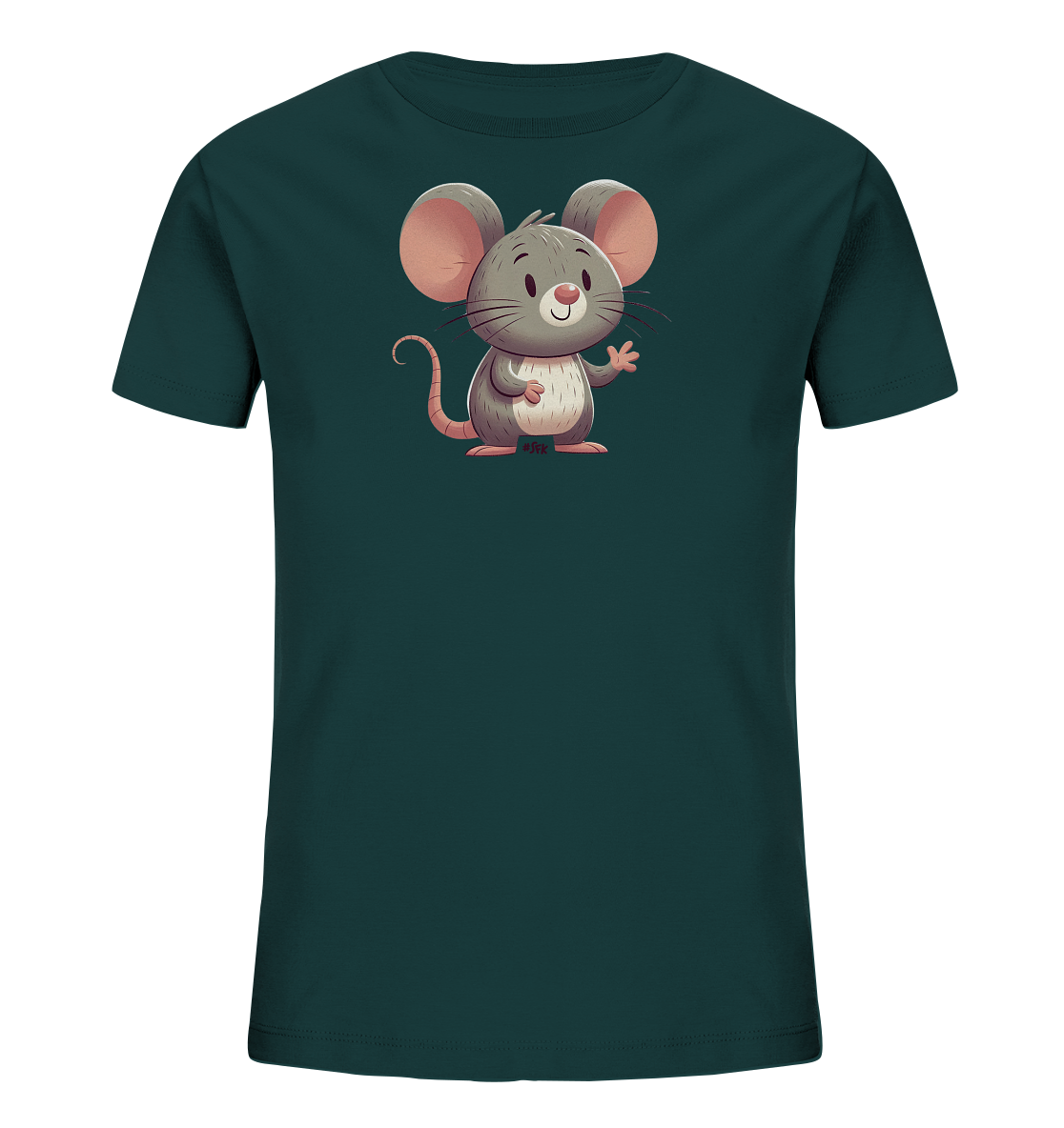 Onlineshop Shirts für Kinder - Das Bild zeigt ein dunkelpetrolfarbenes Kinder-T-Shirt. Auf der Vorderseite ist eine freundlich aussehende, grau-weiße Comic-Maus abgebildet, die winkt. Die Maus hat große rosa Ohren und eine rosa Nase, sowie einen hellen Bauch. Das Design ist verspielt und ansprechend für Kinder.