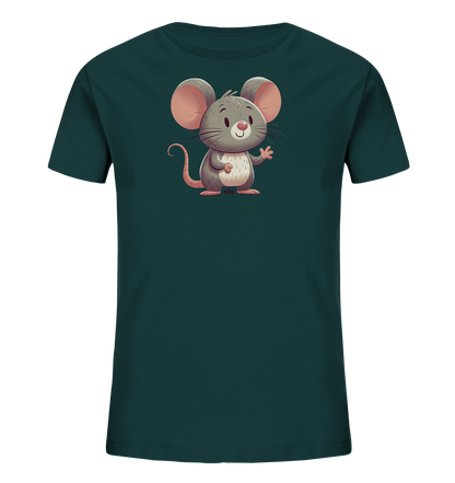 Onlineshop Shirts für Kinder - Das Bild zeigt ein dunkelpetrolfarbenes Kinder-T-Shirt. Auf der Vorderseite ist eine freundlich aussehende, grau-weiße Comic-Maus abgebildet, die winkt. Die Maus hat große rosa Ohren und eine rosa Nase, sowie einen hellen Bauch. Das Design ist verspielt und ansprechend für Kinder.
