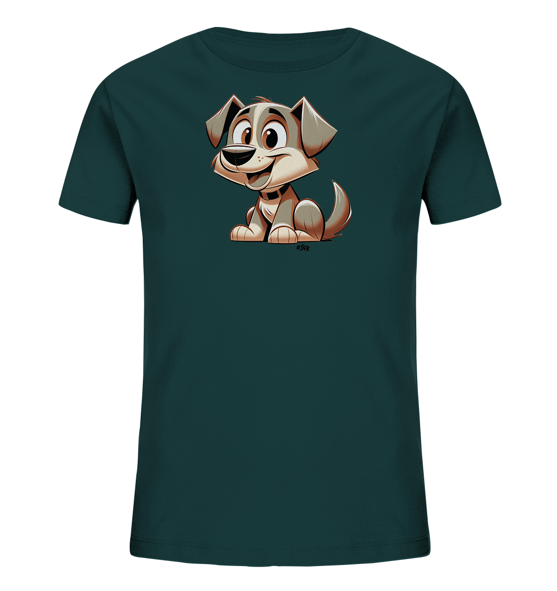 Onlineshop Shirts fuer Kinder - Dieses dunkelgruene Kinder T-Shirt zeigt eine niedliche Cartoon-Illustration eines Welpen auf der Vorderseite. Der kleine Hund sitzt und laechelt freundlich mit grossen Augen und Ohren. Die Grafik ist detailreich in Brauntoenen gestaltet und verleiht dem Shirt einen froehlichen Look. Es ist ein ansprechendes Design fuer junge Hundeliebhaber.