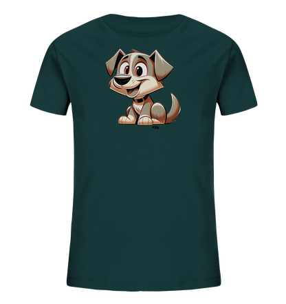 Onlineshop Shirts fuer Kinder - Dieses dunkelgruene Kinder T-Shirt zeigt eine niedliche Cartoon-Illustration eines Welpen auf der Vorderseite. Der kleine Hund sitzt und laechelt freundlich mit grossen Augen und Ohren. Die Grafik ist detailreich in Brauntoenen gestaltet und verleiht dem Shirt einen froehlichen Look. Es ist ein ansprechendes Design fuer junge Hundeliebhaber.