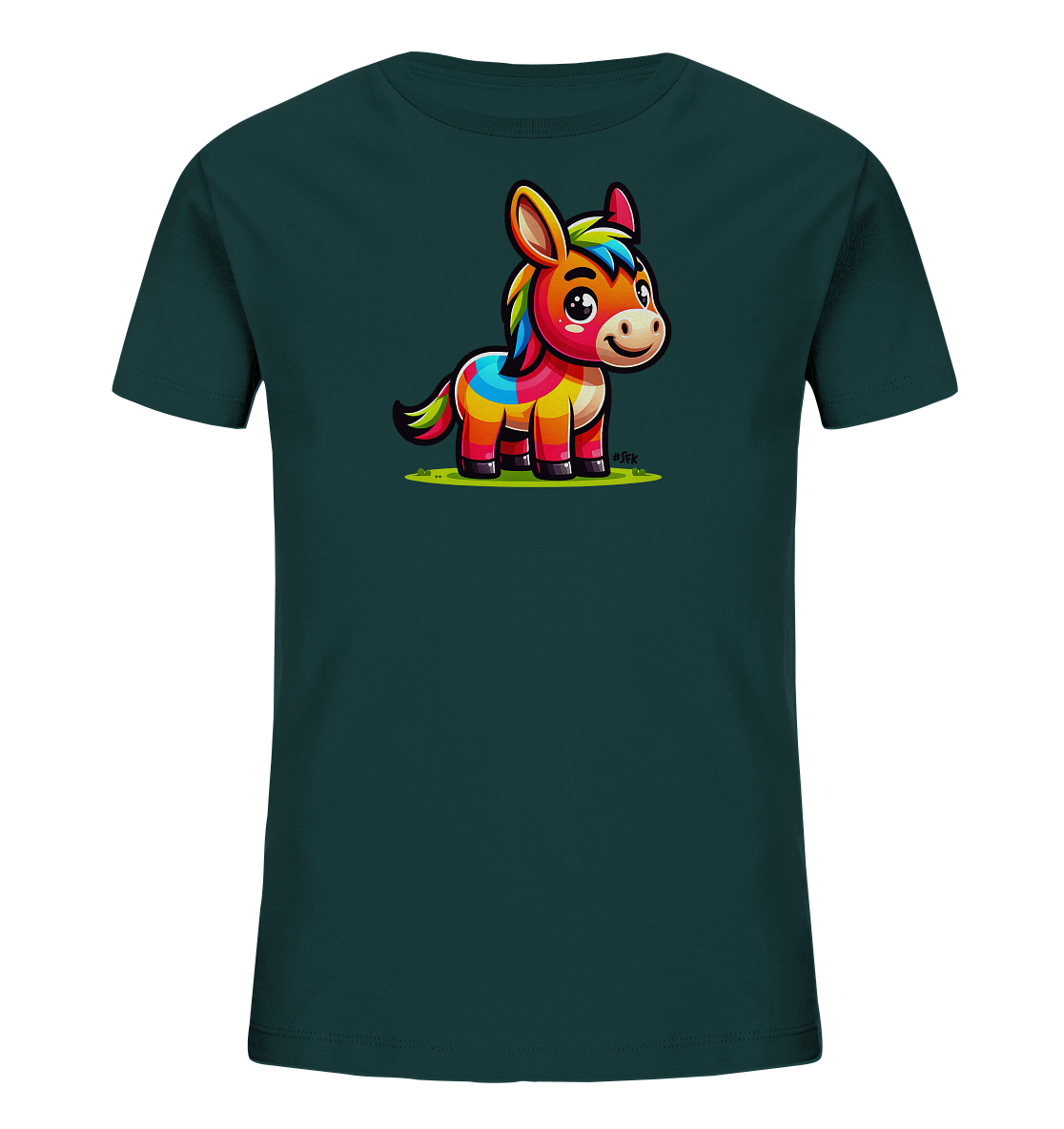 Onlineshop Shirts fuer Kinder - Das Bild zeigt ein dunkelgruenes T-Shirt fuer Kinder mit einer farbenfrohen Grafik auf der Vorderseite. Abgebildet ist ein froehlicher Cartoon-Esel in leuchtenden Farben wie Rot, Orange, Gelb und Blau. Der Esel steht auf einer kleinen Flaeche, die Gras darstellt, und hat ein freundliches Gesicht. Dieses Motiv verleiht dem Shirt eine lebhafte und verspielte Optik, ideal fuer Kinder.