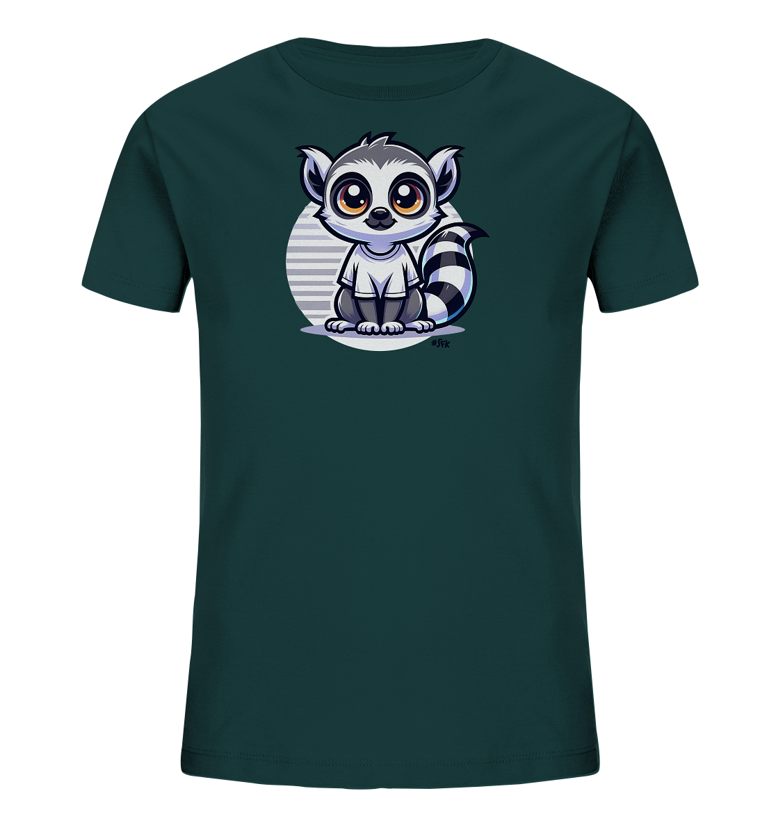 Onlineshop Shirts fuer Kinder - Dieses dunkle gruene Kinder T-Shirt zeigt eine Comic-Illustration eines Ringelschwanzlemurs. Der niedliche Lemur sitzt in einem gestreiften Kreis und traegt ein kleines weisses Shirt. Er hat grosse Augen und einen auffaelligen Ringelschwanz. Ein verspieltes Design fuer junge Tierfreunde.
