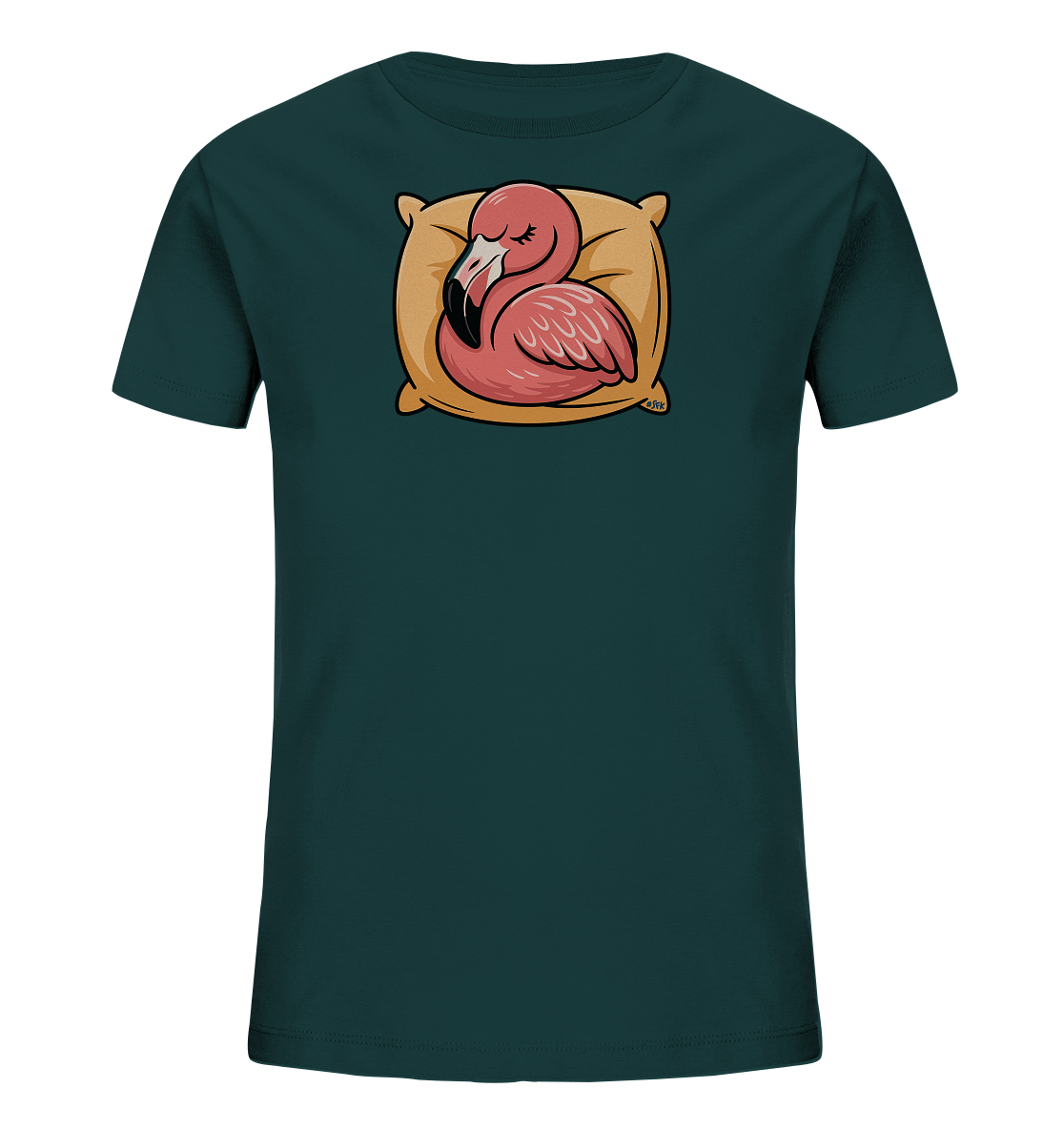 Onlineshop Shirts fuer Kinder - Das Bild zeigt ein dunkelblau-gruenes T-Shirt mit einem niedlichen Motiv eines schlafenden Flamingos auf der Vorderseite. Der rosa Flamingo liegt entspannt auf einem gelben Kissen und hat die Augen geschlossen. Das gesamte Design vermittelt eine ruhige und friedliche Atmosphaere.