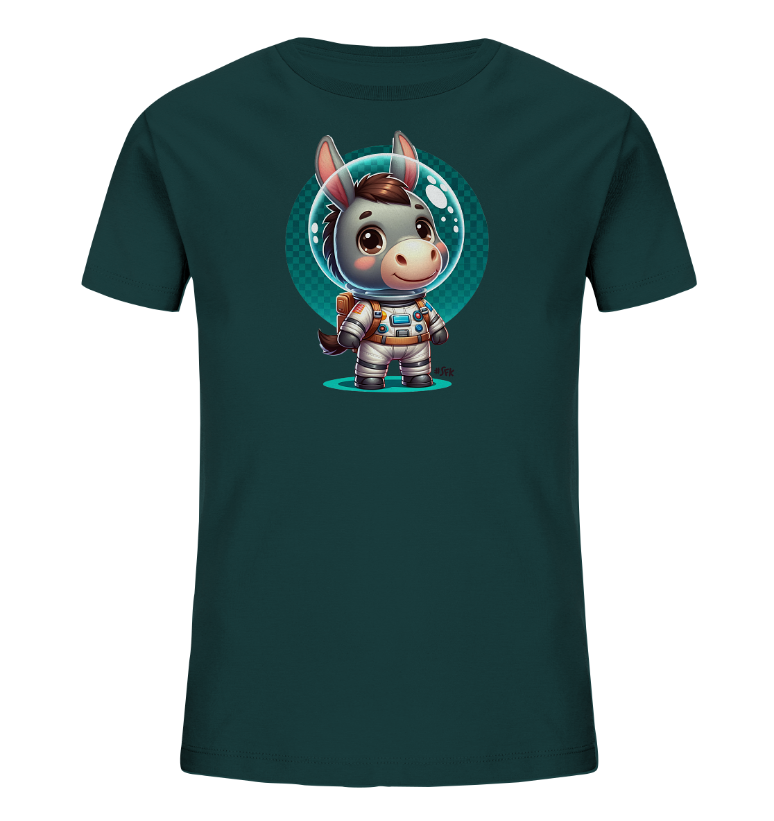 Onlineshop Shirts fuer Kinder - Das Bild zeigt ein dunkelgruenes Kinder T-Shirt mit einer lustigen Grafik. Im Zentrum ist ein suesser Cartoon-Esel in einem detaillierten Astronautenanzug mit Helm abgebildet. Der Esel laechelt und steht vor einem kreisfoermigen, karierten Hintergrund. Das Design ist farbenfroh und fantasievoll gestaltet.