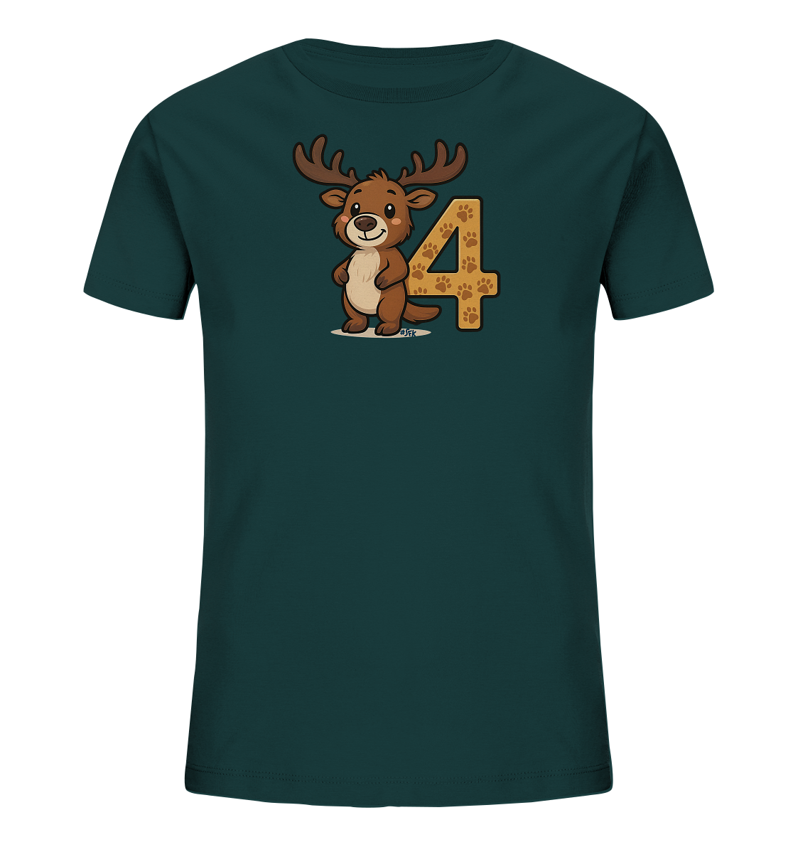 Onlineshop Shirts fuer Kinder - Das Bild zeigt ein dunkelgruenes Kinder-T-Shirt mit einem niedlichen Rentier-Motiv auf der Vorderseite. Das Rentier im Cartoon-Stil steht laechelnd neben der grossen Zahl 4. Die Zahl 4 ist mit einem Muster aus kleinen Pfotenabdruecken gestaltet. Dieses Design ist verspielt und ansprechend fuer Kinder.